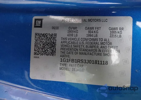 2018 Chevrolet Camaro 1Lt z USA, uszkodzony, nr VIN 1G1FB1RS3J0181118